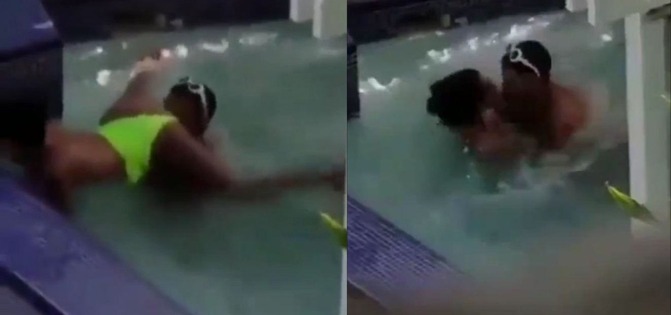 Guy caught having sex and sucking toto of girlfriend with big nyash in the pool in public (18+) pic image